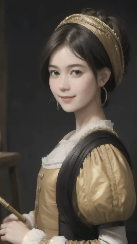 221 Short Hair, 20-year-old woman, A kind smile, (Luxurious stables), (Rembrandt-style painting), (Focus on the face, Written boundary depth)