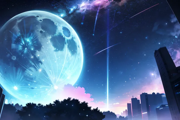 top quality, the main character is a large bluish moon, the background is a blue and pink neon colored meteor shower, fantastic,...