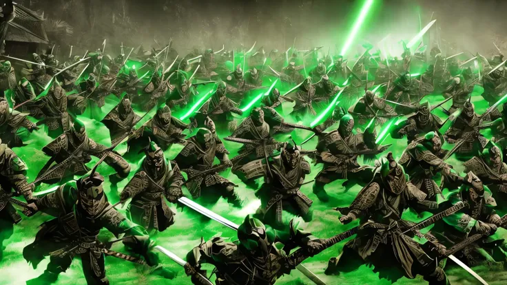 An army of cadaverous samurai, assustadores, brandindo suas katanas. Seus olhos emitem um brilho verde claro sinistro.
