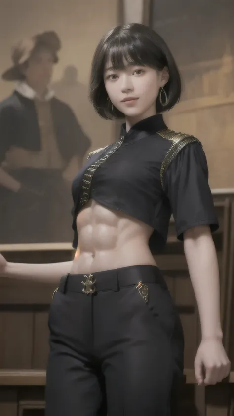 222 Short Hair, 20-year-old woman, A kind smile, (Luxurious stables), (Rembrandt-style painting), (Mechanical Suit, ((Clothes that show abs、Clothes with short sleeves)))