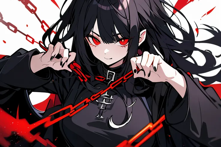 upper body, 1woman, black hair, Long Haired, Red eyes, (Vampire), Black Long hoodie Cape, Black Large Scythe, tunic, big breats, wallpaper, Chain background, light particles, (masterpiece), best quality, side-swept bangs, Top Quality, black large wing