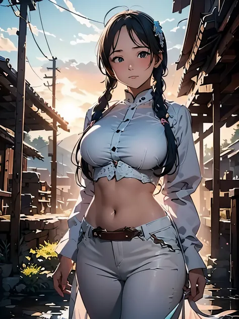 (masterpiece、highest quality、highest quality、Official Art、Beautiful and beautiful:1.2)、(One girl:1.3)Hatsune Miku、Twin tails,Big Breasts,Raising the white flag in a rustic setting、A cowboy wearing an Amish-style shirt and oversized pants。Beautiful eyes sur...