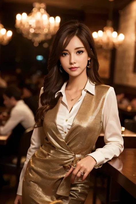 masterpiece, highest quality, Realistic, Very detailed, Finer details, High resolution, 8k wallpaper, One beautiful woman, Wear casual business attire, In a great restaurant, At night, Light brown messy hair, Perfect dynamic composition, Beautiful and beau...