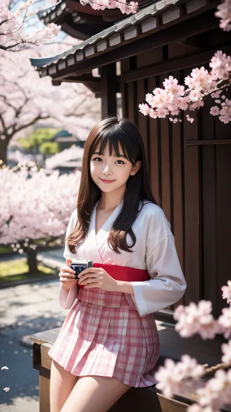 Agfa, Kodak, One girl, Portraiture, Watching the audience, smile, Japan, Tokyo, Cherry Blossom, Octane Rendering, alone, 