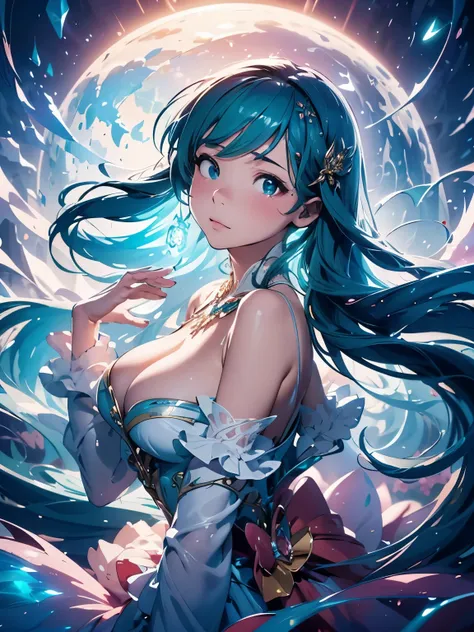 (masterpiece、highest quality、highest quality、Official Art、Beautiful and beautiful:1.2)、(One girl:1.3)Hatsune Miku、Twin tails,Big Breasts,Beautiful anime girl in a flowing, ruffled layered ball gown, inspired Glen Keane, inspired By Lois Van Baarle, (Disney...