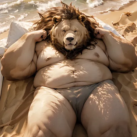 Obese anthropomorphic furry bear on the beach shirtless in very bare underwear sunbathing while a shirtless obese anthropomorphic furry lion is next to him