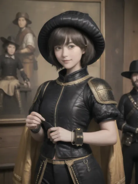 222 Short Hair, 20-year-old woman, A kind smile, (Luxurious stables), (Rembrandt-style painting), (machinery suit, Clothes that show abs、Clothes with short sleeves)