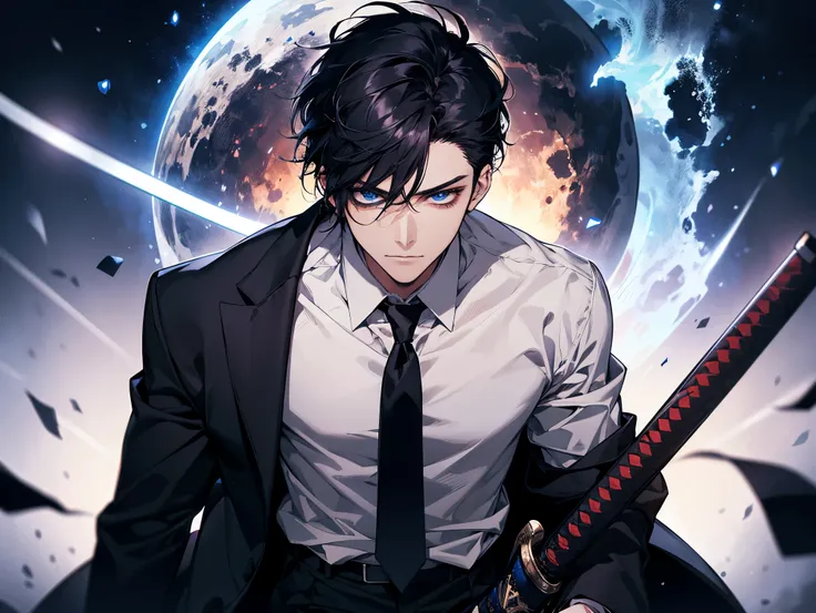 1 man, teacher, wearing white shirt, black suit, black long pants, black hair, short hair, blue eyes, red tie, face to detail, detailed eyes, the background is black galaxy, holding a katana