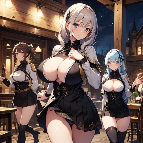 A group of female adventurers set in a medieval fantasy world,Dancer、 (At the pub), Mr.々Hair style, Harem, night, Detailed aspect, Short skirt, Seduce, No sleeve, armor 、showing off panties、Huge Breasts、Big Ass、wide waist width、Pulling up her skirt