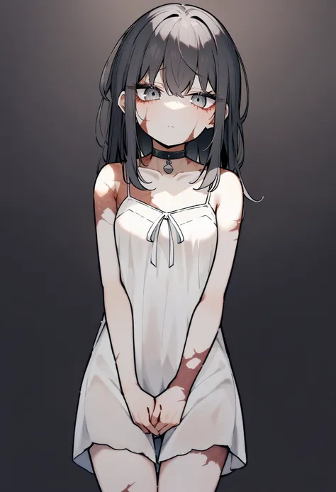 masterpiece, best quality, absurdres, (by shionosuke:1.3), score_9, score_8_up, score_7_up, 1girl, solo, small breasts, black hair, long hair, gray eyes, scars, burn scars, neutral, head tilt, chemise, white chemise dress, looking at viewer, chained choker...