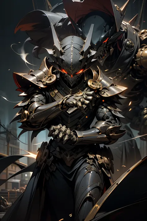 Close-up of a menacing figure emerging from the reflective, steal metal surface (1.3) in a Gothic style, with dark, intricate details. The figures black and gold armor glints ominously, as venomous symbols etched into its metal exterior catch the light. Ex...