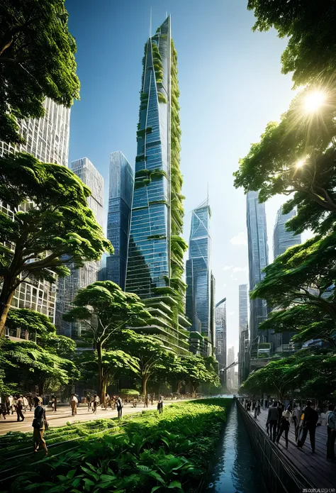 Amidst a bustling cityscape, skyscrapers morph into towering trees, reclaiming urban spaces with natures embrace.