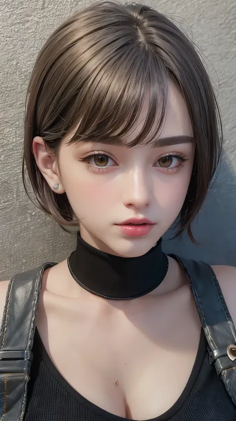 Masterpiece hyperrealist & Photorealistic beautiful girl, Realistic Skin (Pore-filled skin) Short Bob Cut Hair, Realistic red lips,Punk Girl, (head shot:1.5),Leather shorts