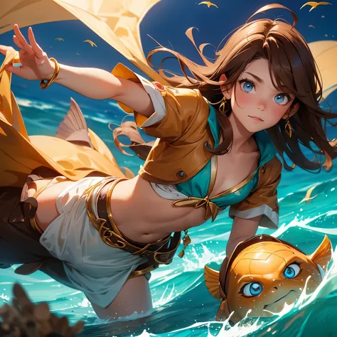 A boy with brown hair and eyes dressed as a pirate, a mermaid girl brown hair with gold and honey colored eyes 