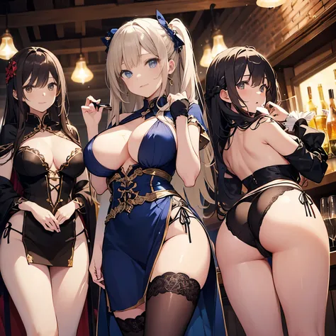 A group of female dancers set in a medieval fantasy setting、 (At the pub), Mr.々Hair style, Harem, night, Detailed aspect, Short skirt, Seduce, No sleeve、showing off panties、Huge Breasts、Big Ass、wide waist width、Pulling up her skirt