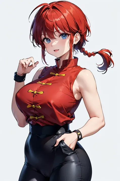 ((masterpiece)), high quality, very_high_resolution, large_filesize, full color, heavy outline, clear outline, colorful, (beautiful detailed eyes), (beautiful face:1.3), (boyish face), 1 girl, (femaleranma), (red hair), short hair, (braided ponytail), ((ba...