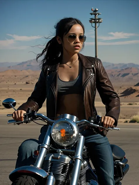 Jenna Ortega at the age of 19 as Terminator T 800 model 101, leather jacket ,aviator sunglasses, Shotgun in hand,riding a Harley Davidson fatboy motorcycle,HDR,8k render,still from the film, photorealism,style of the film Terminator 