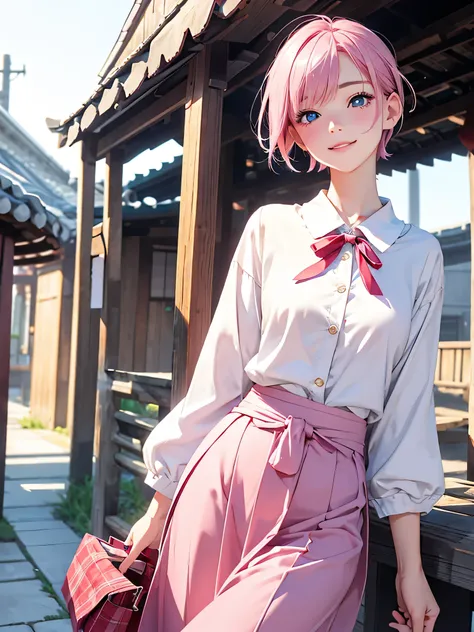 highest quality、Realistic、girl、Japanese、zoom、look up、cute、smile、Blue Eyes、Pink hair、Very Short Hair、White blouse、Red ribbon、Gray culotte skirt、slender、Small breasts、Face close-up