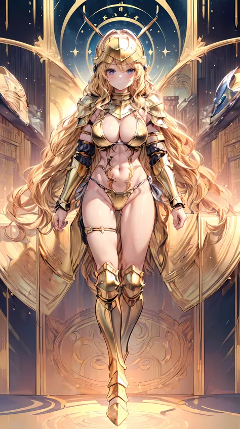 (Adult women:1.5)、Very detailed、highest quality、Best image quality、masterpiece、8k、Anime Face、A kind smile、Open your mouth、Sparkling blue eyes、(Blonde Wavy Hair:1.5)、、Muscles of the whole body、T-back thong、Thigh belt、(Wearing gold bikini armor:1.5)、(Cowboy ...