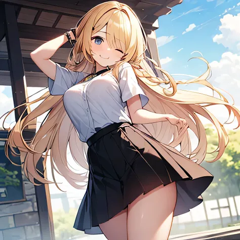 masterpiece、highest quality,Very detailed, Absurd beauty、1 beautiful girl、 (Long Hair、Braided hair、blonde、Ample breasts), Hair blowing in the wind、Keep your head small、whole body、Casual clothing、Summer clotheini skirt、Thin legs、Smile with one eye closed、Sh...