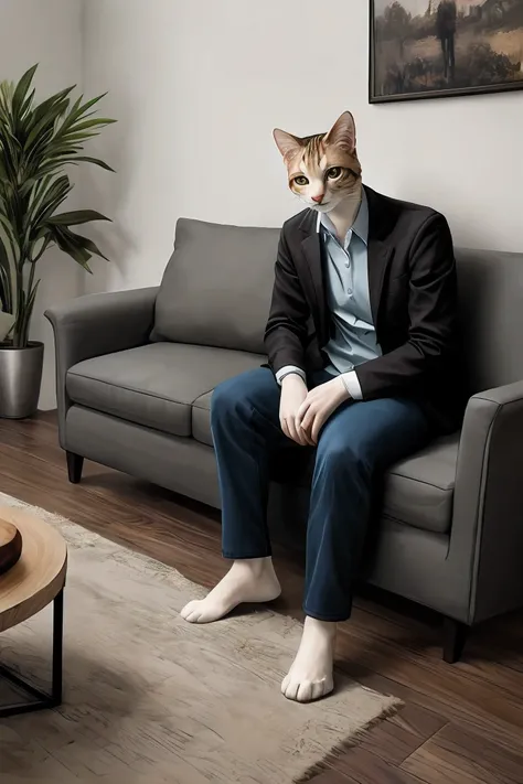 Realistic , handsome Cat casual clothing, Sit sofa , living room