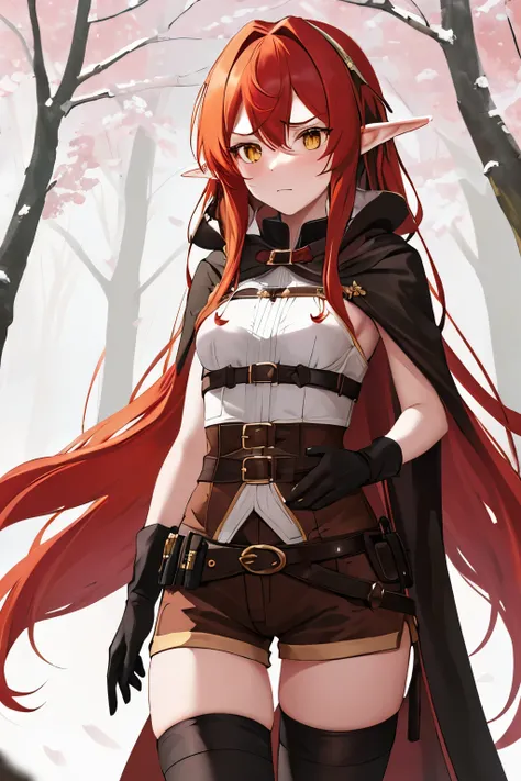 masterpiece, best quality, height resolution, 1girl in, elf, pointy ear, red hair, long hair, side locks, hair bow, small breast...