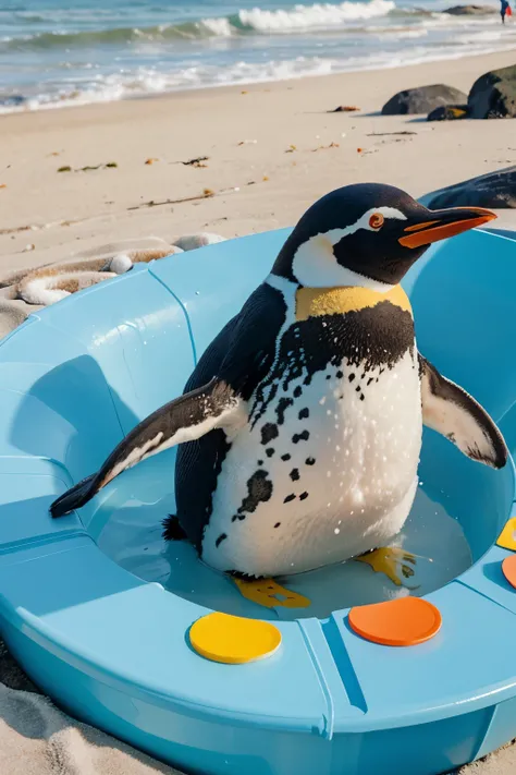 drawing to color of a penguin bathing on the beach and eating pizza