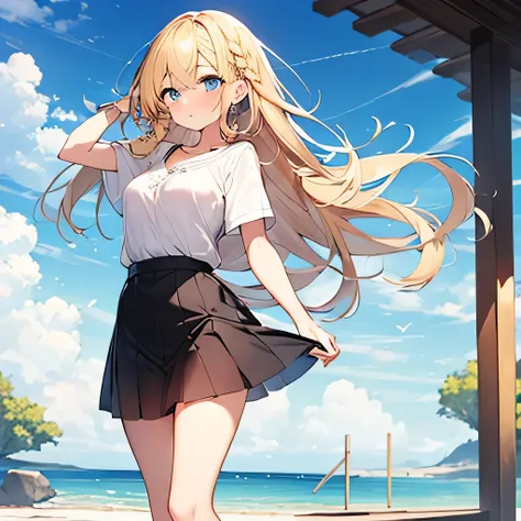 masterpiece、highest quality,Very detailed, Absurd beauty、1 beautiful girl、 (Long Hair、Braided hair、blonde、Ample breasts), Hair blowing in the wind、Keep your head small、whole body、Big eyes、Casual clothing、Summer clothes、Short skirt、Thin legs、whole body、shy