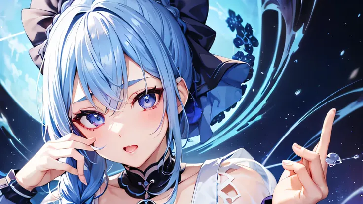 Blue hair, braided ponytail, magenta eyes, fair skin,1 girl,very detailed beautiful face and eyes,Ahegao,cute eyes,white dress,piece sign,surprised,looking up,