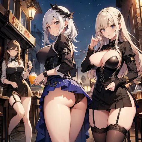 A group of prostitutes in a medieval fantasy setting、 (At the pub), Mr.々Hair style, Harem, night, Detailed aspect, Short skirt, Seduce, No sleeve、showing off panties、Huge Breasts、Big Ass、wide waist width、Pulling up her skirt