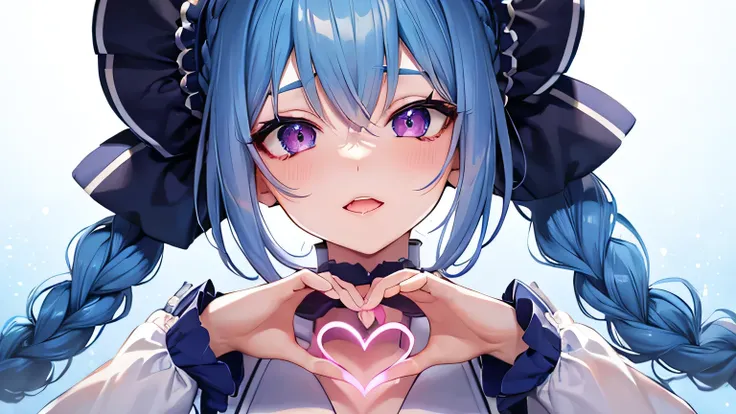 Blue hair, braided ponytail, magenta eyes, fair skin,1 girl,very detailed beautiful face and eyes,Ahegao,cute eyes,white dress,heart sign,looking up,high quality,