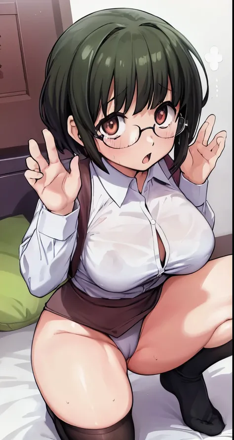 highest quality,(8K Portrait),(Official Art)、obesity、((short hair))、blush,((isark hair)),(Sweat),Black knee socks、One Woman,((:is))、hot、Office Room、Glasses、(Crouch:1.7)、Thick thighs, Such an ass, Liar, bed, Open crotch, Dettol, Spread your legs, Show your ...