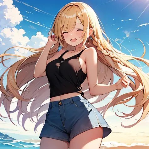 masterpiece、highest quality,Very detailed, Absurd beauty、1 beautiful girl、 (Long Hair、Braided hair、blonde、Ample breasts), look back、Hair blowing in the wind、Keep your head small、whole body、Casual clothing、Summer clothes、Thin legs、whole body、Big smile、Close...