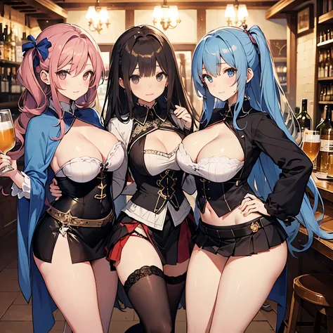 A group of female dancers set in a medieval fantasy setting、 (At the pub), Mr.々Hair style, Harem, night, Detailed aspect, Short skirt, Seduce, No sleeve、showing off panties、Huge Breasts、Big Ass、wide waist width、Pulling up her skirt