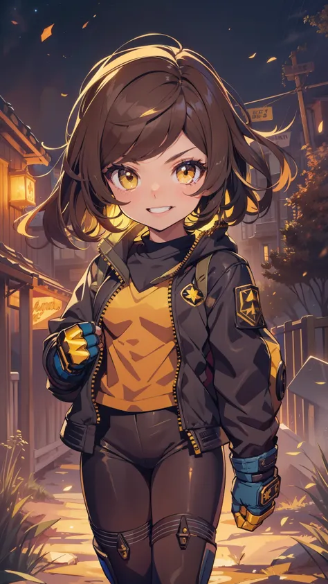 short hair, brown hair, yellow glowing eyes, perfect lips,big smile , confident smile,cute expression, cute face, walking in the campfield,  golden power  gauntlets,  gun, tank top, jacket, alert pose, ultra detailed face, long eyelashes, sharp eyes , Full...