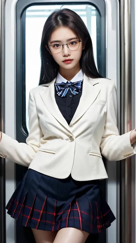 ((High school girl on the train door))、((Wet white blazer)),((Translucent wet white blouse、Red bow tie、Dark blue checked skirt)).((No bra)) 40k, photograph, Tabletop, highest quality, Rainy background, ((1 Gorgeous wet light haired girl with beautiful eyes...