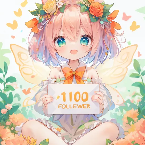 anime girl with a sign that says 1100 followers, pastel anime、Close your eyes and smile、summer👗、orange＆Green theme、sit、,highly detailed and ,summer wreath background、white background, a fairy girl holding a sign with a large "1100follower!" written on flag...