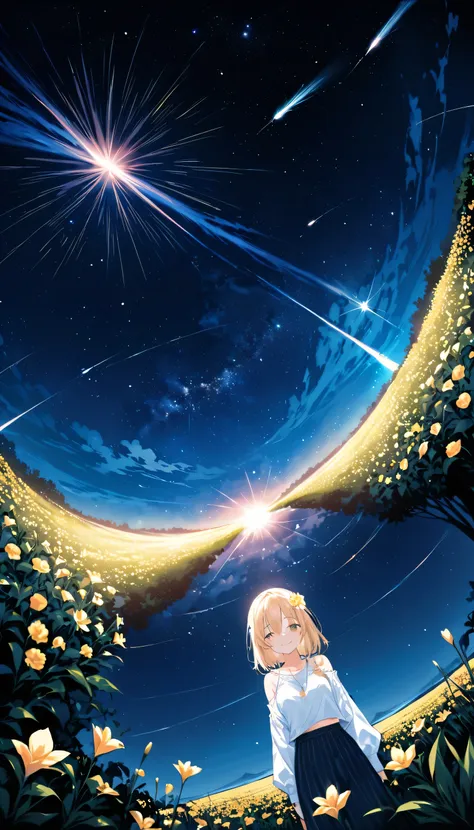 highest quality, expensive_solve, clear_image, Detailed Background ,girl, Random wear,flower, Night Sky,Dutch Angle, Wide Shot,A shy smile, Comet Group