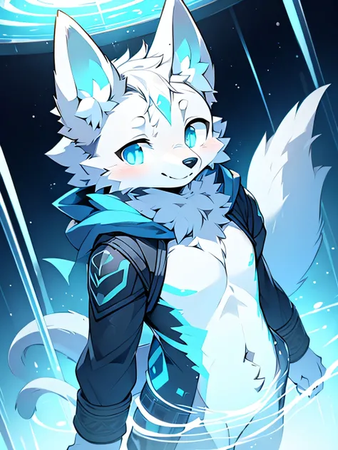 Rystal, Star Fox, Male, (A detailed), fluffly, Solo, , fotorealistisch, ((clear structural details)), Meticulous and realistic, detailed eyes, (Turquoise blue pupils), ((Silvery-white glowing eyes)), Evil smile, Smile, slenderness, soft, 4K, Excellent qual...