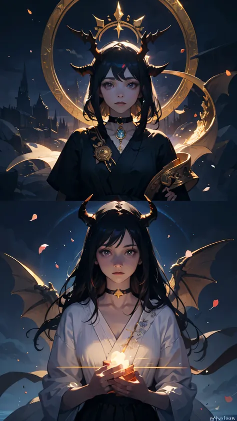 Seven Rhaeyar (Deylta), Ancient Star goddess, Royalty, Adult Female, pale skin, Gray colored eyes, Long Black Hair, a set of black colored horns on her head, Neutral facial expression, Elegant black dress, Black choker collar, dragon motifs, gold and rope ...