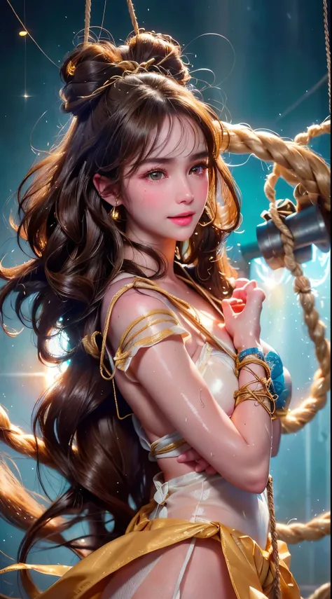 Fox ear, Blonde Hairs, Brunette Girl, big Smile, Super beautiful sparkling eyes、Girl hanging from ceiling with arms tied with rough rope、Sweat、The rope bound her body、Wet body、Rough rope digging into crotch、A large amount of liquid flows out from the groin...