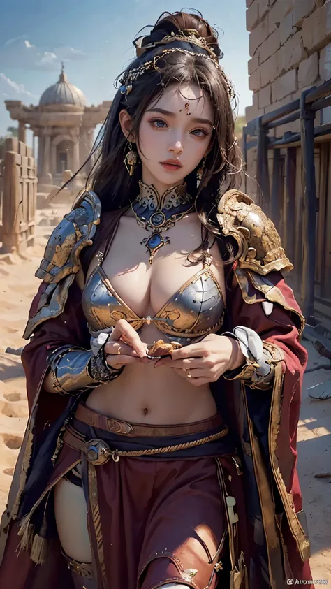 8k，High -level, absurd, masterpiece, best quality, primitive, very detailed CG, very detailed wallpaper, perfect lighting, Jitome, lips, makeup, desert, broken temple, wh_chi_armor,