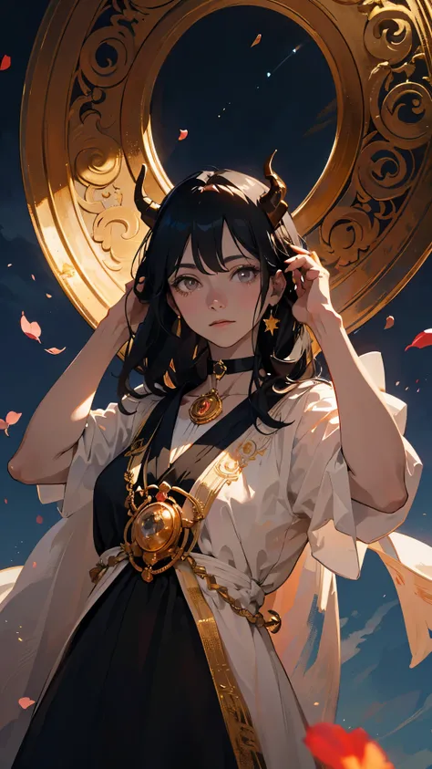 Seven Rhaeyar (Deylta), Ancient Star goddess, Royalty, 1 Adult Female, pale skin, Gray colored eyes, Long Black Hair, a set of black colored horns on her head, Neutral facial expression, Elegant black dress, Black choker collar, dragon motifs, gold and rop...