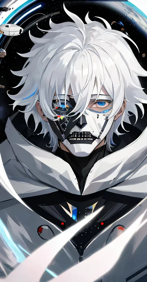 Obra de arte, alta qualidade,, Male character wearing a futuristic mouth mask , messy white hair, at the center of the universe breaking time-space, rachadura de vidro na imagem.