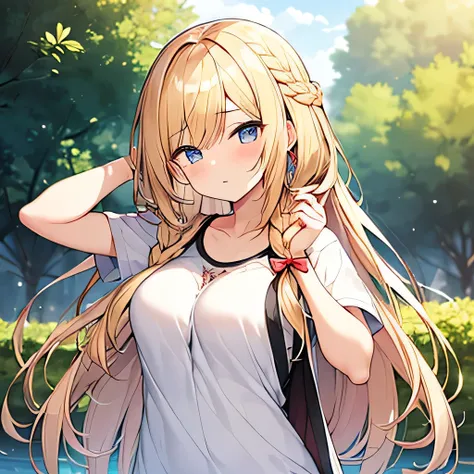 masterpiece、highest quality,Very detailed, Absurd beauty、1 beautiful girl、 (Long Hair、Braided hair、blonde、Ample breasts), Keep your head small、Big eyes、Casual clothing、Summer clothes、Fold your arms under your chest、anger、Puff out one cheek