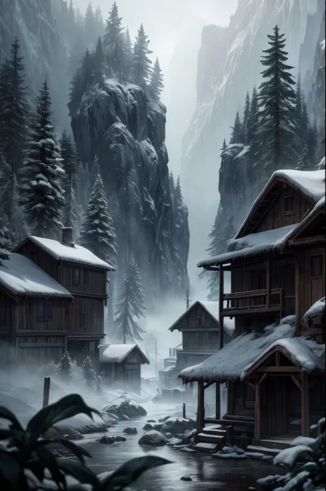 Horror-themed , A photorealistic still image of a medieval, rustic hermit village deep in the pristine mountain forests. It is a rustic town with distinctly Iron Age architecture, misty mountain landscape with forest, intricate, shot, natural lighting and ...