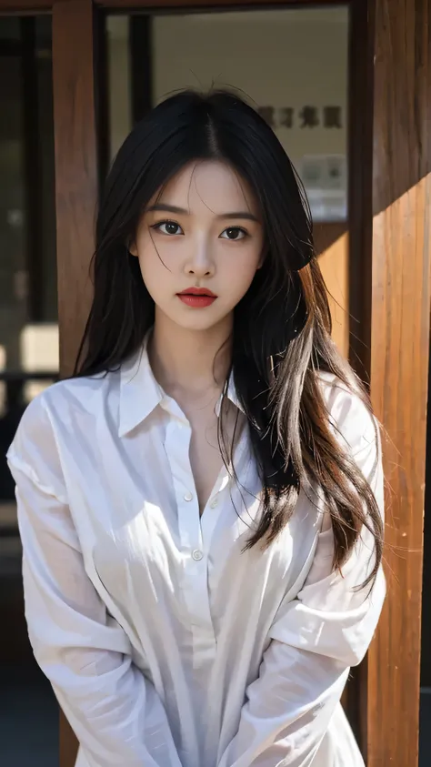 A perfect young female white-collar worker，Chinese，High picture quality，Works of masters，Black hair，Long hair flowing over the shoulders，Blured background，outside, deep shadow, Real Human，CG rendering，16k，Stand up，Empty interior，Do not show your hands，Clos...