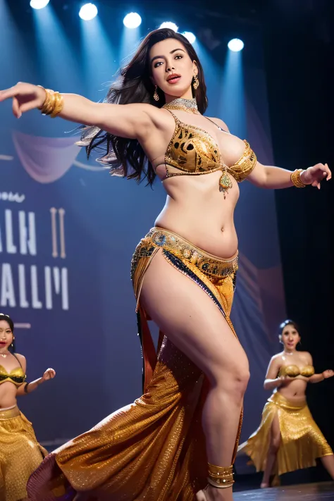 (best quality,masterpiece:1.2,high resolution,4k,8k),ultra-detailed,(realistic,photorealistic,photo-realistic:1.37),1girl,Anne Hathaway on the stage,belly dancer,chubby,big breasts,vivid colors,stage lights,dynamic movement,golden jewelry,cultural attire,e...