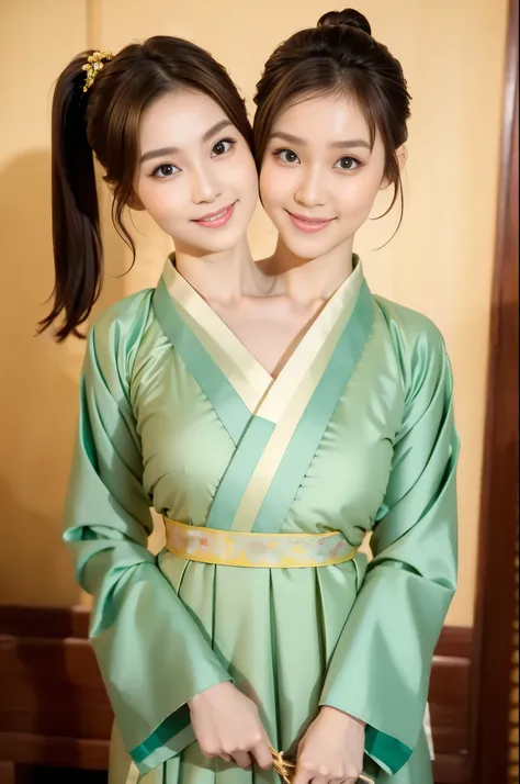 best resolution, 2heads,  korean woman with two heads , brown hair, blonde,  pixie cut and ponytail,  different faces, hanbok, i...