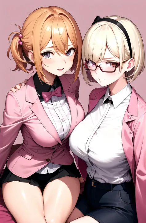 2 girls , sisters , 23 year old beautiful younger sister peach short hair huge breasts wearing pink sport jacket shyness wearing glasses sitting on bed, 26 years old beautiful funny older sister blonde long pony tail hair small breasts pierced ear wearing ...